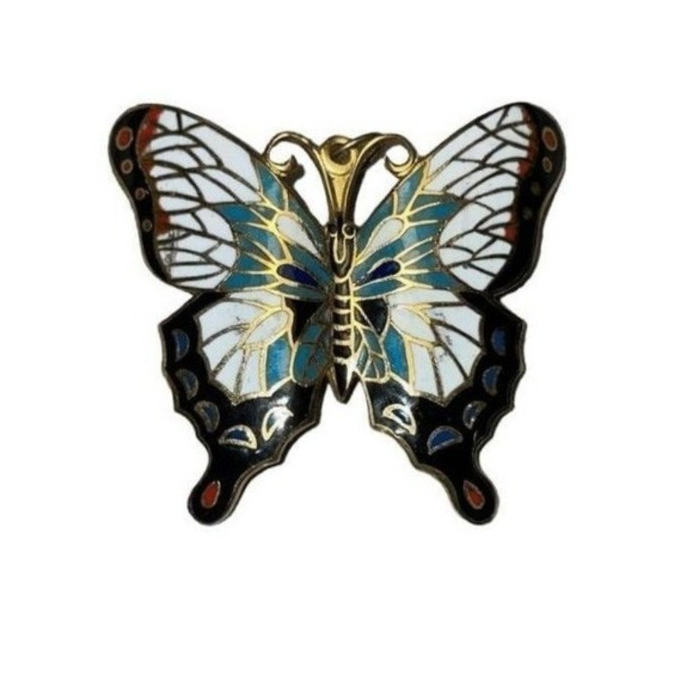 Vintage Cloisonne Brooch Butterfly Gold Tone Metal Black White Blue Pin